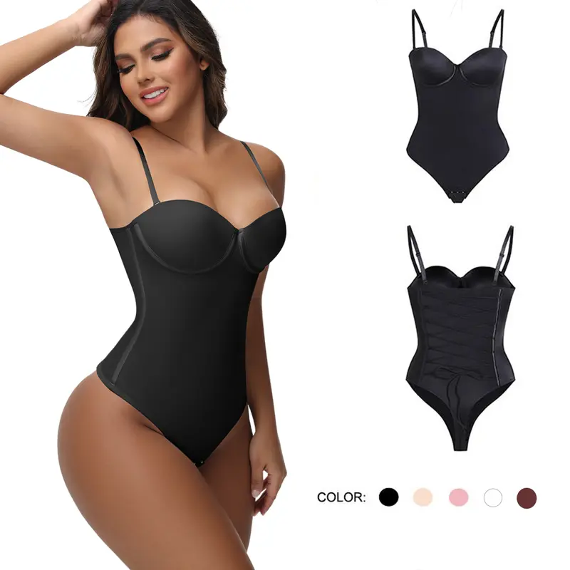 JOSHINE Shapewear Corset - Women's Large Cup 1-Piece Bodysuit, Waist Cincher, Backless Strapless Back-Tie Sleeveless Pleated Stretch Top, Body Slimming Minimalist Underwear Basic Blk