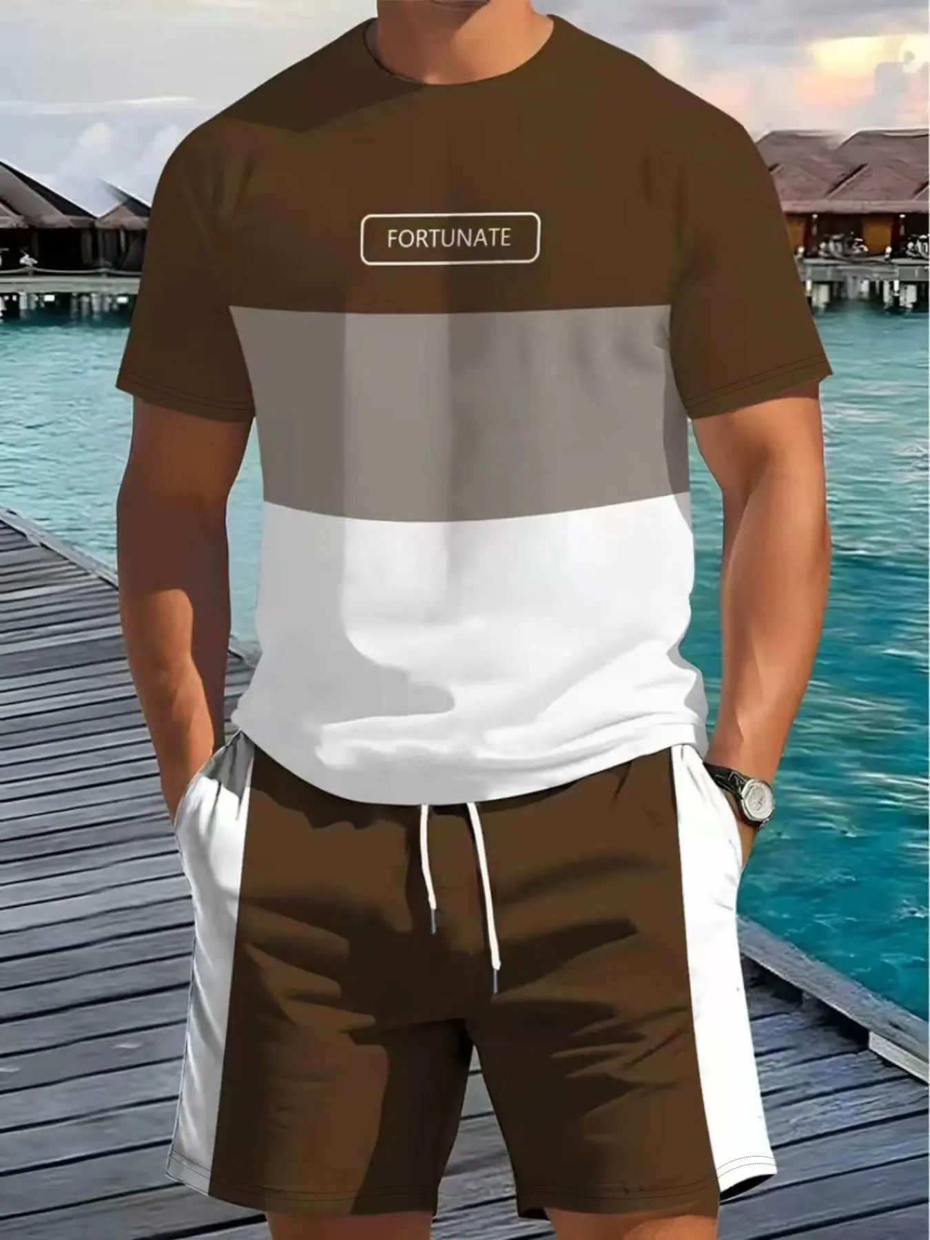 Men's Summer 2-Piece Set, Tropical 3D Letter Print Tees & Track Shorts, Lightweight Polyester, Elastic, Casual Outdoor Wear, Perfect for Family Gatherings
