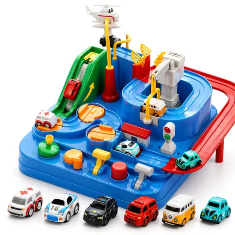 Car Adventure Track Toy for Kids with 6 Cars, Manual City Rescue Playset with 8 Obstacle Challenges, Buttons and Knobs, Hands-On Tabletop Driving Game, No Batteries Needed