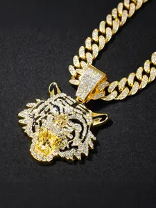 Hiphop Style Tiger Head Animal Pendant Necklace, Alloy Chain with Zircon Gemstones, Street Fashion Jewelry for Casual Wear & Parties