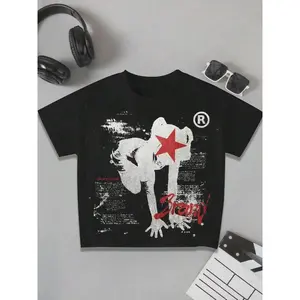 Y2K Red Star Cropped Baby Tee Vintage Black Oversized Crop Top Grunge Aesthetic Streetwear For Women