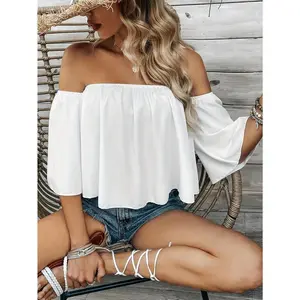 Women's Off the Shoulder Ruffle Hem Blouse - Elegant Solid Color Strapless Top, Polyester Blend - Spring/Summer/Fall Collection - For Women - Perfect for Casual & Formal Occasions - Ideal Gift for Birthday & Holidays