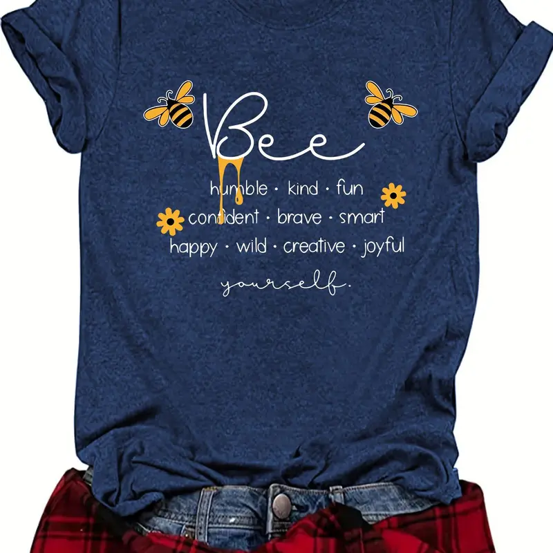 Women's Bee Print Round Neck Fit Tee, Fashion Casual Crew Neck T-Shirt for Daily Holiday Vacation Outdoor Wear, Summer, Ladies Clothes for Spring, Top, Womenswear