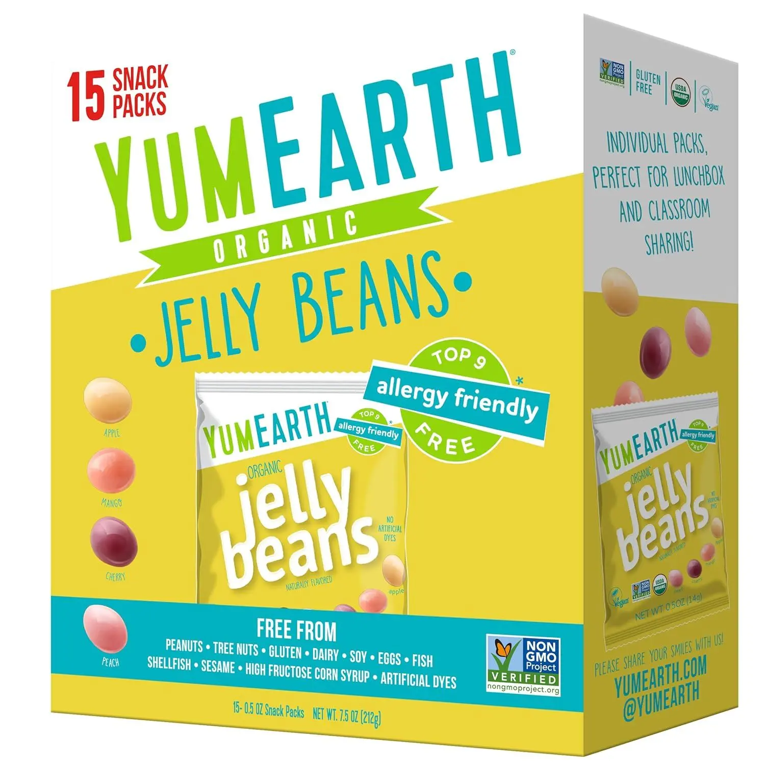 Organic Jelly Beans - Fruity Candy Snack Packs, Gluten Free Snacks for Kids - Allergy Friendly, Non-GMO, No Artificial Flavors or Dyes - Assorted Flavors, 7.5 oz. (Pack of 15)