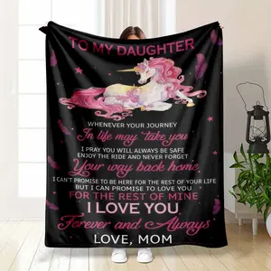 To My Daughter Blanket From Mom Pink Unicorn Flannel Throw Inspirational Quote Love Message Print Soft Warm Fuzzy Perfect for Bedroom Living Room Sofa Birthday Gift for Girls