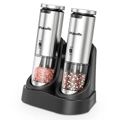PUKOMC Rechargeable Electric Salt and Pepper Grinder Black Set with Charging Base - Kitchen Appliances, 6-Level Visible Adjustable Coarseness, High-Low Speed Settings, LED Light, Stainless Steel, Convenient White Elephant Gift, FallDealsForYou, Black Set