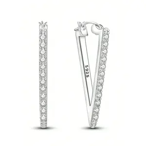 Sterling Silver Triangle Hoop Earrings - Hypoallergenic Sparkle Cubic Zirconia Minimalist Geometric Earrings for Women V-Shaped Huggie Earrings Fashion Jewelry Gifts for Christmas Birthday