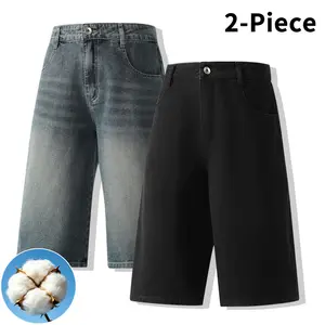The 2-piece set includes cotton loose wide-leg cropped denim shorts and vintage straight knee-length jeans, suitable for daily commuting, street skateboarding, and casual summer outings.