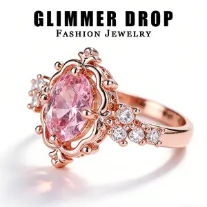 Glimmer Drop Fashion Jewelry Korean Japanese Fairy Style Elegant Ring for Women Micro-Pavé Imitation Pink Diamond Princess Lady Jewelry Copper Zircon Cubic Zirconia Heart Cluster Ring Dainty Stacking Rings