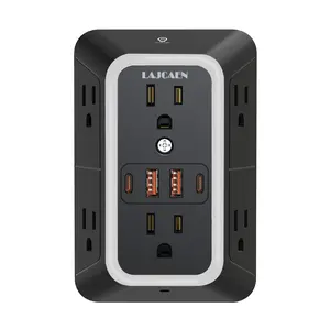 Surge Protector Power Strip - 6 Outlets 4 USB (2 USB C) Charging Ports With Night Light, 3-Sided Power Strip with Adapter Spaced Outlets for Home Office,College Dorm Room （BLACK）