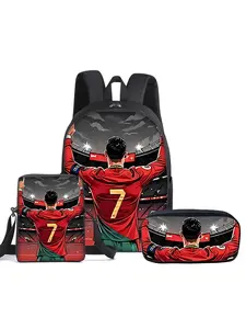 CR7 Football pattern printed 16-inch Soccer Backpack three-piece set (single-layer backpack + small shoulder bag + single-layer pencil bag)