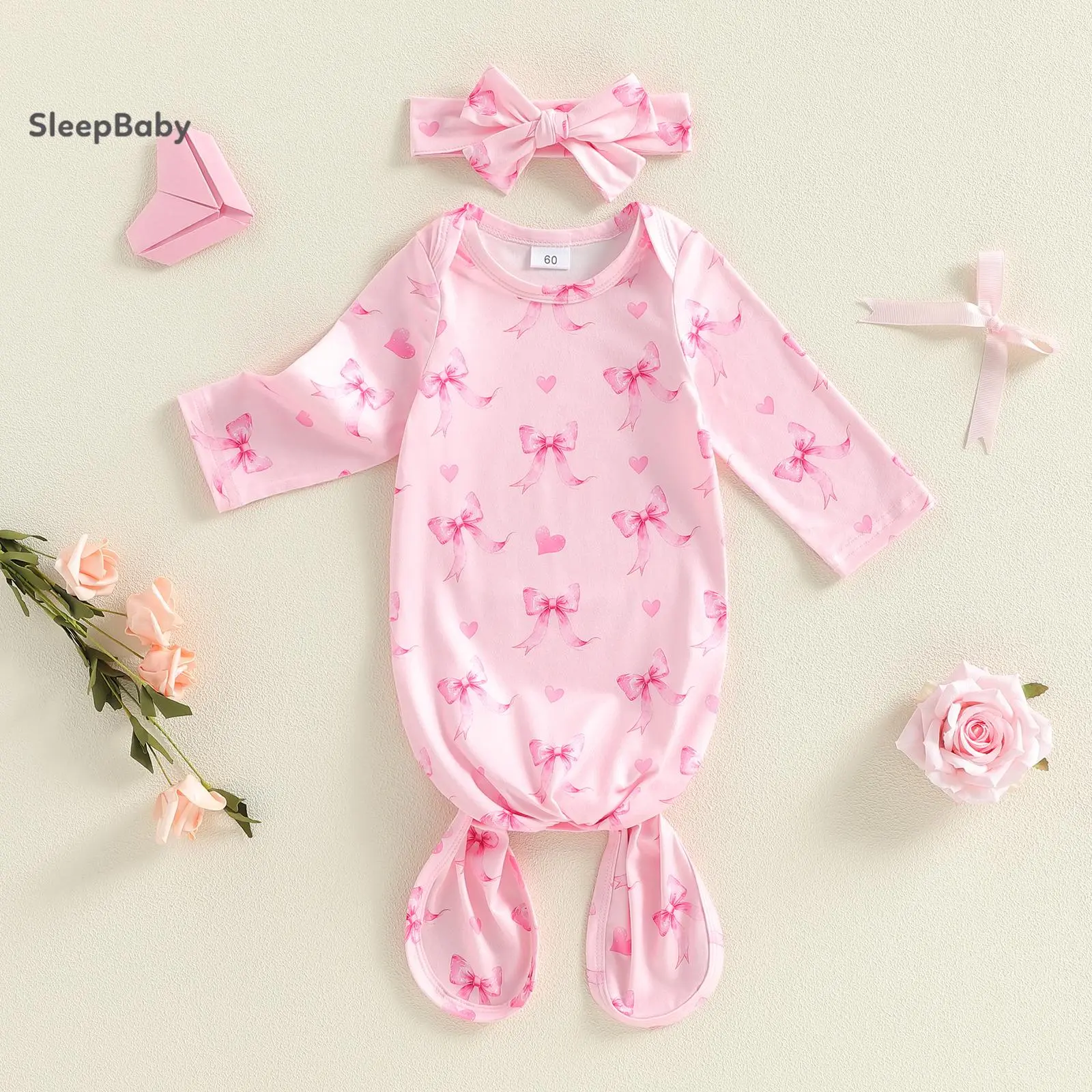 Cute Bow Print Sleeper Gown & Headband Set for Baby Girl, Soft Cotton Blend Pajamas for Baby, 2-Piece Zipless Cute Sleepwear Outfit 0-3 Months, All Seasons, Gown Pajamas