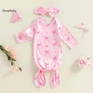 Photo Outfit Toddler Baby Sleeper Gown With Headband Set Cute Bow Print Newborn Nightgown Hairband Set For Girls