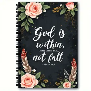 1pcs 50 page A5(8.6in *5.7in)  Notebook Fun Spiral Spiral Bound Notebook, Dark Cover with Pink Roses & White Flowers Decor, 'God is within, not fall' (Possible Typo) & 'PSALM 465' Text, Religious Themed, Gold Specks, Spiral on Left, Perfect for Jou