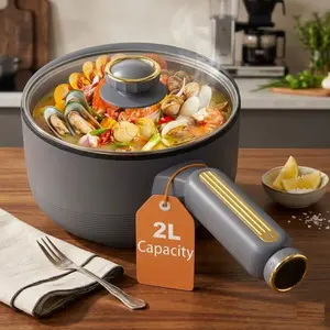 Hot Pot Electric with Steamer, 2L Multifunctional Electric Cooker, Non-Stick Sauté Pan, Portable Pot for Steak, Fried Rice, Ramen, Soup with Dual Power Control (Spatula Not Included), Grey