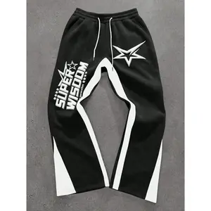 Unisex Y2K Cybercore Baggy Sweatpants with Unique Graphic Print Star Graphics - Contrast Panel Flare Joggers for Streetwear Ready & Urban Skaters - Oversized Retro Aesthetic Tracksuit Bottoms