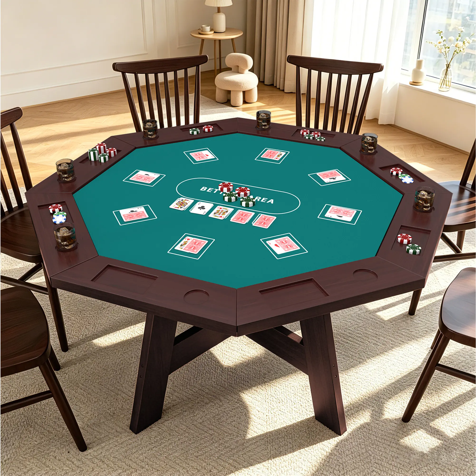 AHB Solid Wood Octagonal Poker Table, Multi-Game Texas Hold'em Card Table for 6-8 Players with Play Mat, 8 Cup Holders & 8 Hobby Trays, Casino Style Game Table for Home Game Room & Family Night