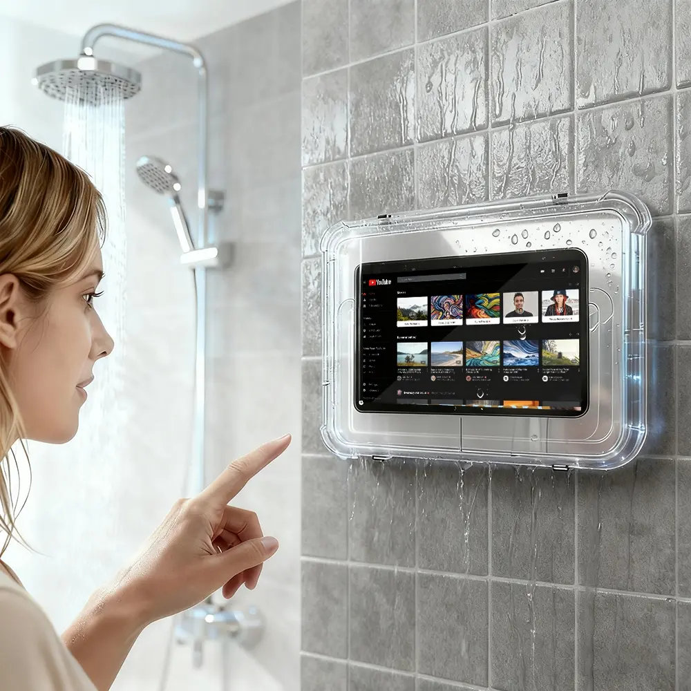 Waterproof tablet stand, tablet storage box, tablet holder, rotatable touchscreen tablet stand, anti drop, wall mounted stand, home office tablet accessory, suitable for kitchen, bathroom, swimming pool