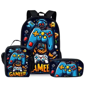 3-Piece Cartoon Game Controller Printed Backpack, Cute Polyester Lightweight Schoolbag, with Adjustable Shoulder Strap, Zipper Closure, Hand Washable, Unisex Game Theme Design