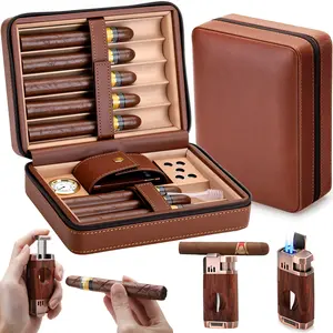 Travel Humidor Case for Cigar, Cedar Wood Lined Leather Box with 3-in-1 Lighter, Humidifier, Hygrometer, Accessories Pocket, Portable 8 Cigar Storage, Gift for Men