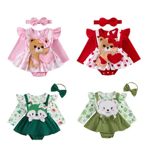 Newborn Baby Girl Romper Dress Valentines St patricks Easter Outfit Cute Ruffle Long Sleeve Skirt Hem Onesie Bodysuit Jumpsuit