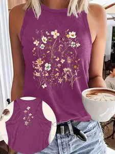 Boho Floral Print Tank Top, Floral Print Cami, Casual Everyday Round Neck Sleeveless Summer Vest, Comfortable Breathable, Women's Clothing S-Xxl