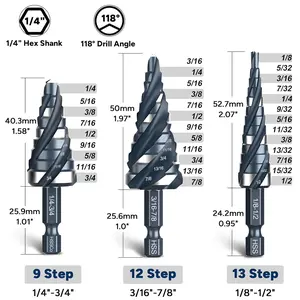 Four Spiral Flute Step Drill Bit Set, 3PCS 1/8"-7/8" High-Speed Steel Unibit Step Bits with 1/4" Hex Shank for Stainless Steel Metal Aluminum Wood Plastic