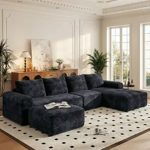 【Summer Vibes】Joylsle  137"W x 59"D x 22"H L/U-Shaped Black Corduroy Cloud Sectional Sofa, Modular Boneless Deep Seat Couch, No Assembly Required，3 Packages Shipping