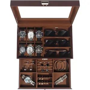 Jewelry Box for Men, 6 Slot Watch Box Jewelry Organizer With Drawer, Watch Case for Men with Large Window, 2-Layer Watch Holder, Sunglasses Storage Organizer, Velvet Lining, PU Leather, Gift Idea