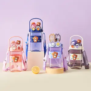 580ml cartoon pattern children's drinking cup 1 large capacity water bottle two drinking methods home office school drinking cup with straw lanyard children's gift Lid Mug Drinkware Reusable Detachable Kettle