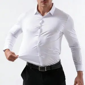 Men's Solid Color 4-Way Stretch  Dress Shirt Wrinkle-Free Long Sleeve Button Down Slim Fit Business Casual Shirt Breathable Easy Care Office Work Shirt Versatile Commuter Top
