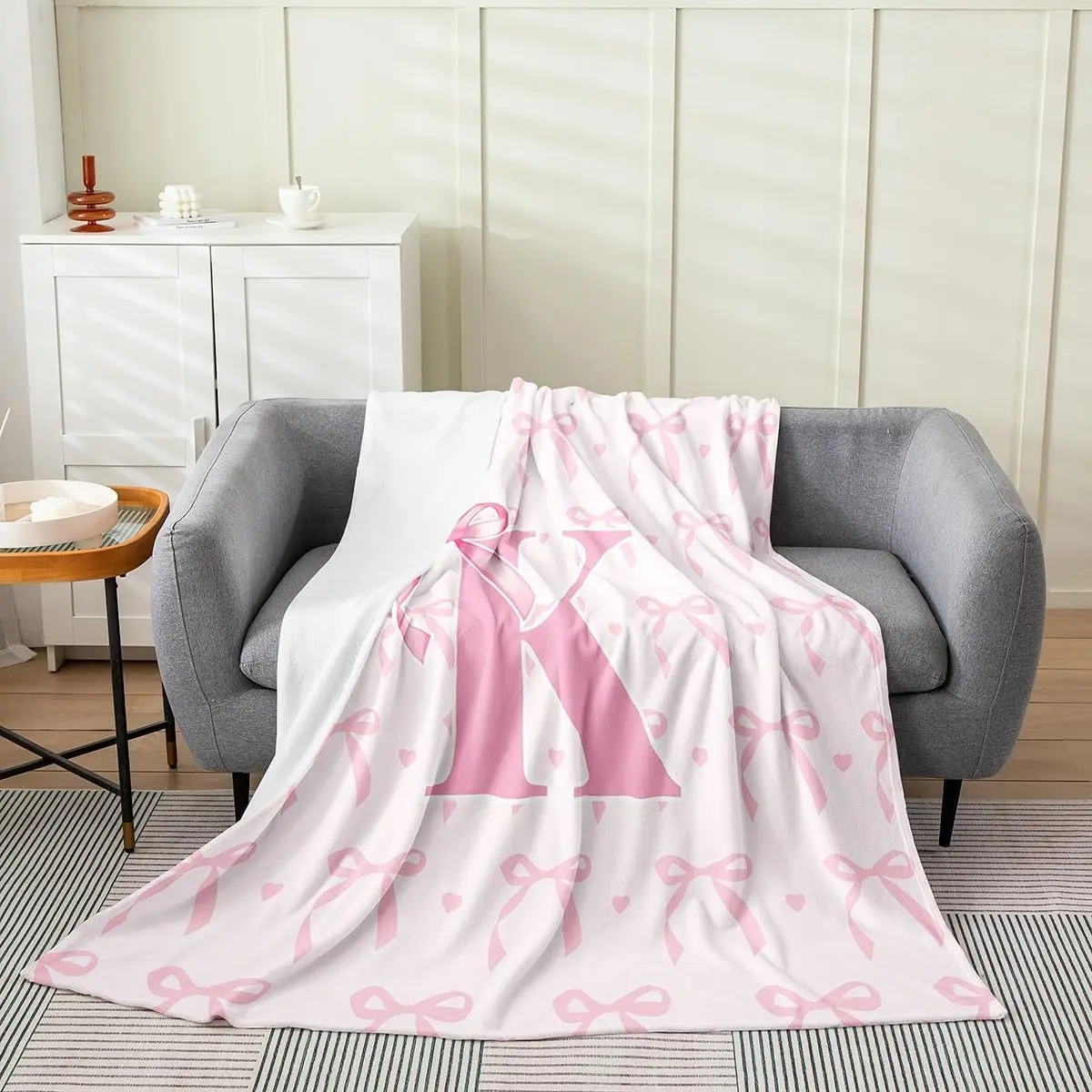 Cute Pink Bow Kids Fleece Throw Blanket Twin Boys Girls Personalized Letter K Flannel Blanket Plush FuzzyCute Coquette Bow Knot Soft for Bed Couch ChairInitial Letter K Monogrammed