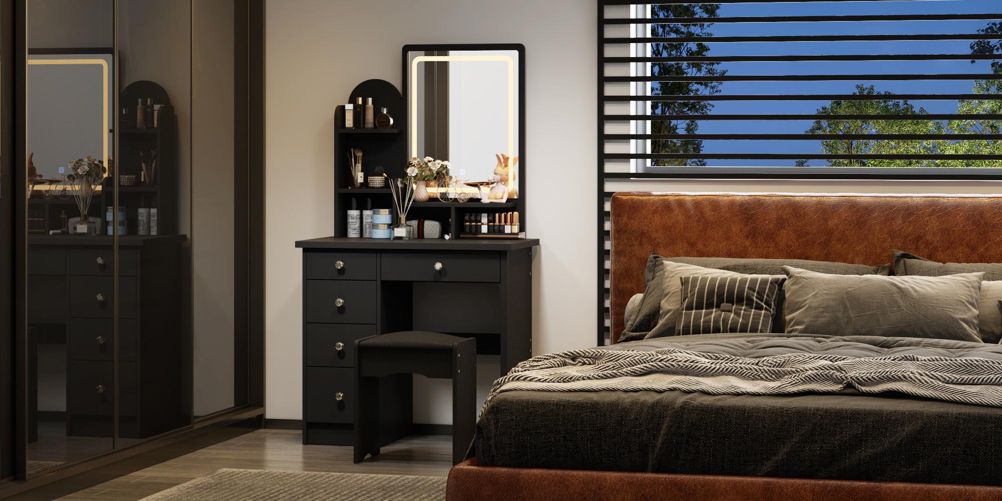 FUFU&GAGA LED Makeup Vanity Set with Drawer and Shelf, Wood Dressing Table with 3 Lighted Screen Mirror, Girls Makeup Vanity Table