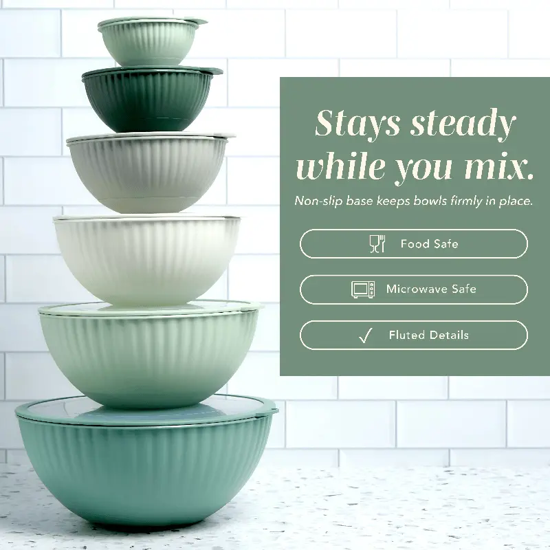 12-Piece Mixing Bowl Set with Silicone Base and Lids, Sage Green for Kitchen Prep and Storage