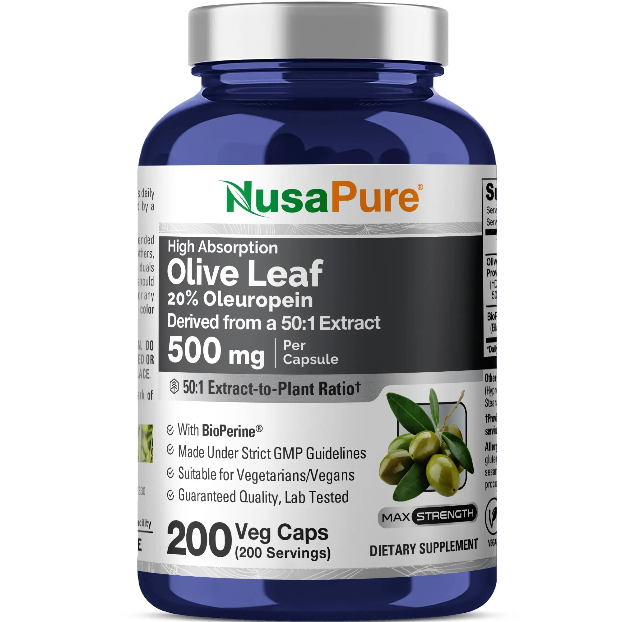 NusaPure Olive Leaf Dietary Supplement - 20% Oleuropein 50:1 Concentrated Extract, 500mg per Capsule, 200 Veg Caps, Immunity Support, Antioxidants, Bioperine, Vegetarian/Vegan-Friendly, Non-GMO, GMO Free