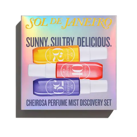 Sol de Janeiro Cheirosa Best Sellers Limited Edition Fragrance Ensemble Set - TikTok Shop Exclusive Unisex Spray Gift Set, 360ml Aerosol Scents (Warm 62, Fruity Floral 68, Rose 91, Woody 59) with Reusable Yellow Jelly Travel Bag
