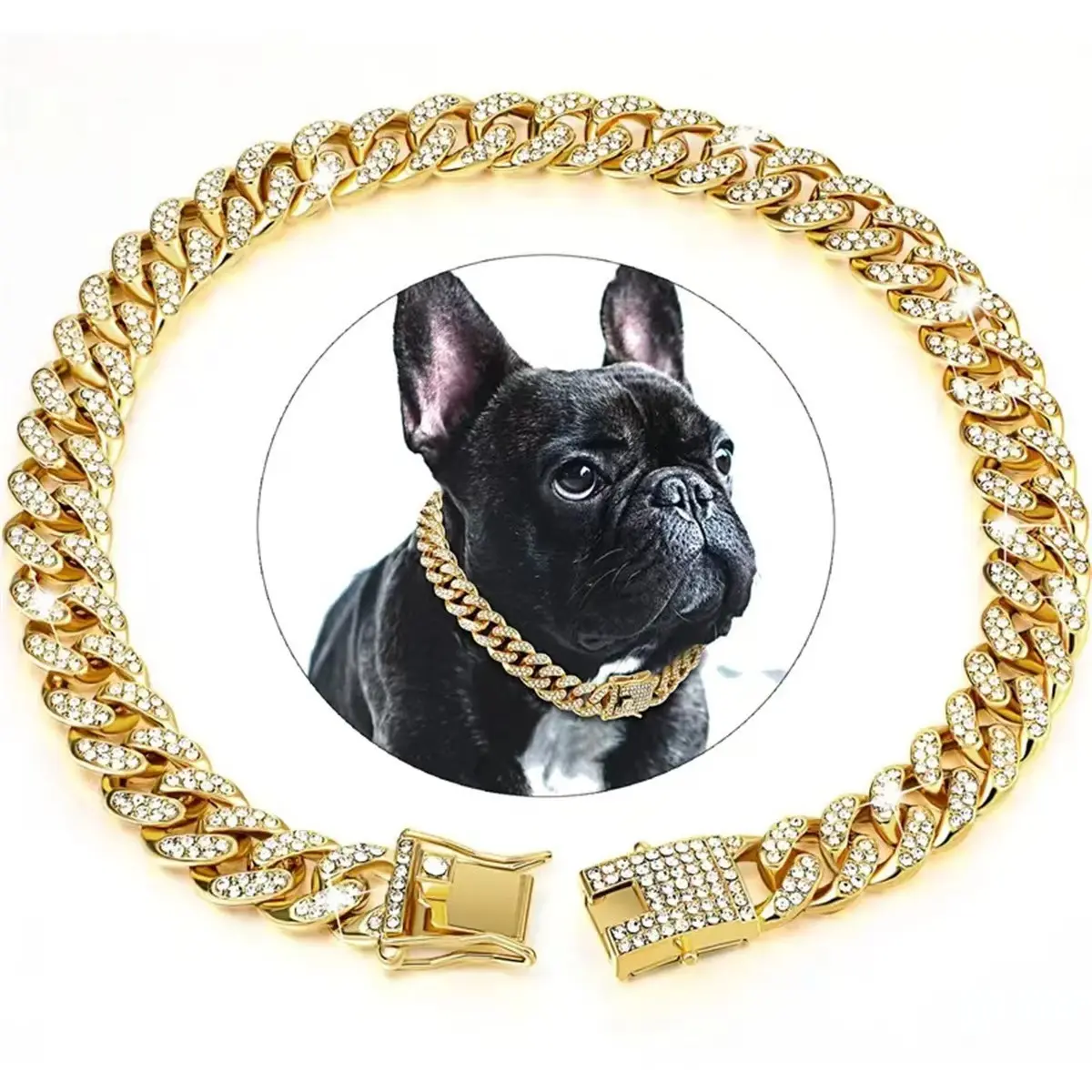 Pet Dog Collar Necklace with Sparkling Diamonds, Cuban Chain Design, Canine Accessories, and Silver Color Options, Stylish Locking Clasp for Pets