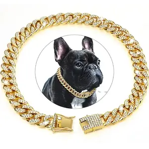 Pet Dog Collar Necklace with Sparkling Diamonds, Cuban Chain Design, and Silver Color Options, Stylish Locking Clasp for Pets