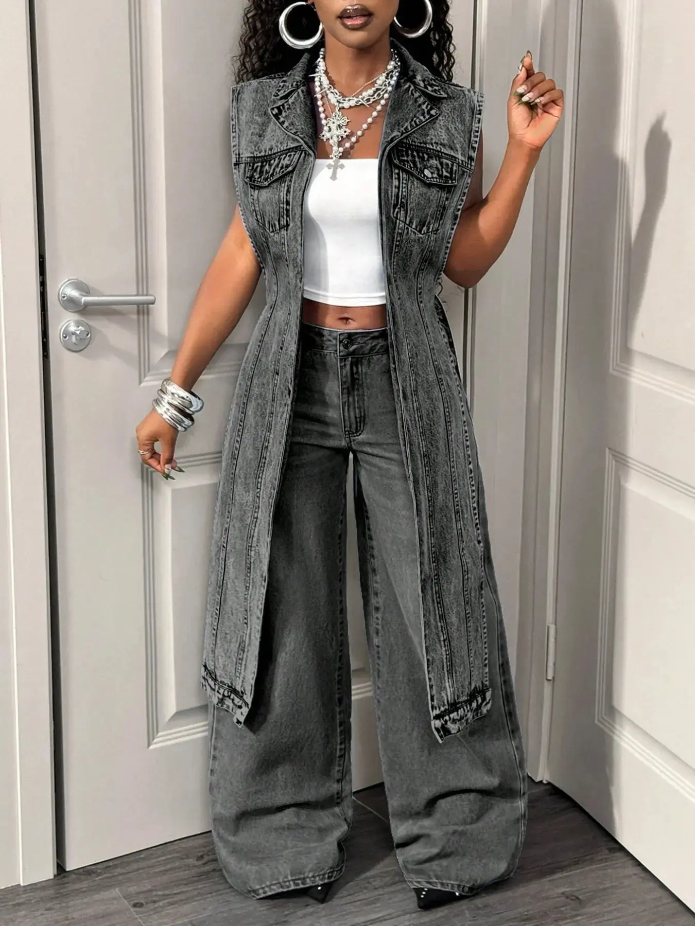 Women's Sleeveless Denim Jacket, Casual Comfy Vest, Spring & Fall Fashion, Casual Style, Solid Pattern, Trendy Lapel Design, Daily Wear Outerwear