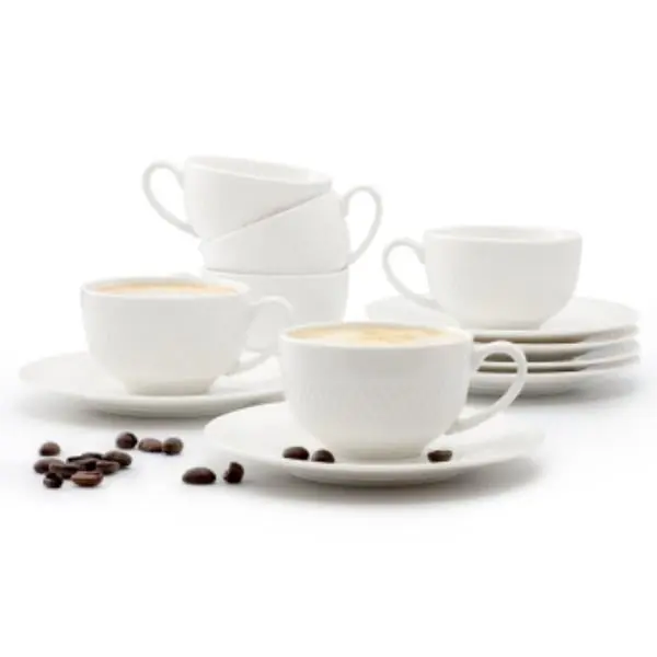 Elama ELM-LUNA-3ESPRESSO Stylish Contemporary 3 oz Glossy Solid White Porcelain Coffee Espresso Cup & Saucer Set - 12 Pcs Embossed Everyday Kitchenware Drinkware Tableware