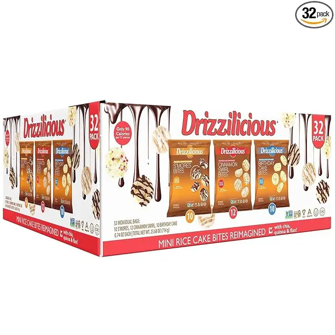 Drizzilicious Mini Rice Cakes Variety Pack - Rice Crisps, Healthy Snack for Adults and Kids, Flavored Rice Cakes, Vegan, Gluten Free, Allergen Free, Only 90 Calories Per Bag - .74 oz (Pack of 32)