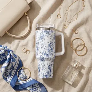 Whaline 40oz Blue Flower Tumbler with Handle Straw and Lid Spring Travel Tumbler Chinoiserie Floral Coffee Cup for Women Friend Holiday Birthday