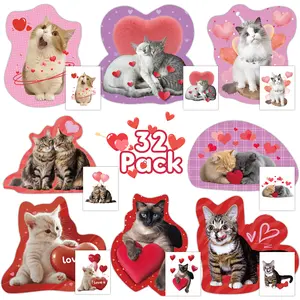 32 Pack Valentines Card for Classroom, Pet Cats Valentines Cards with Tattoos Envelopes, Happy Valentine Cards for School, Party Exchange Favors Gifts for Boys Girls