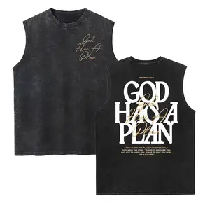 Retro Washed Vest Double Sided Printed 230 Pure Cotton'GOD HAS A PLAN' Letter Print Men's Casual ComfortableFashionable Street Style Cotton Distressed FestiveMenswear Tops slightly cropped shirt men