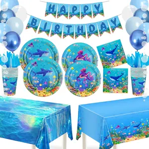 Under the Sea Party Decorations, Ocean Themed Party Decorations Tableware Set for 24 Guests with Paper Plates Napkins Cups Cutlery Tablecloths Banners & Balloons, Ocean Animal Birthday Party Supplies