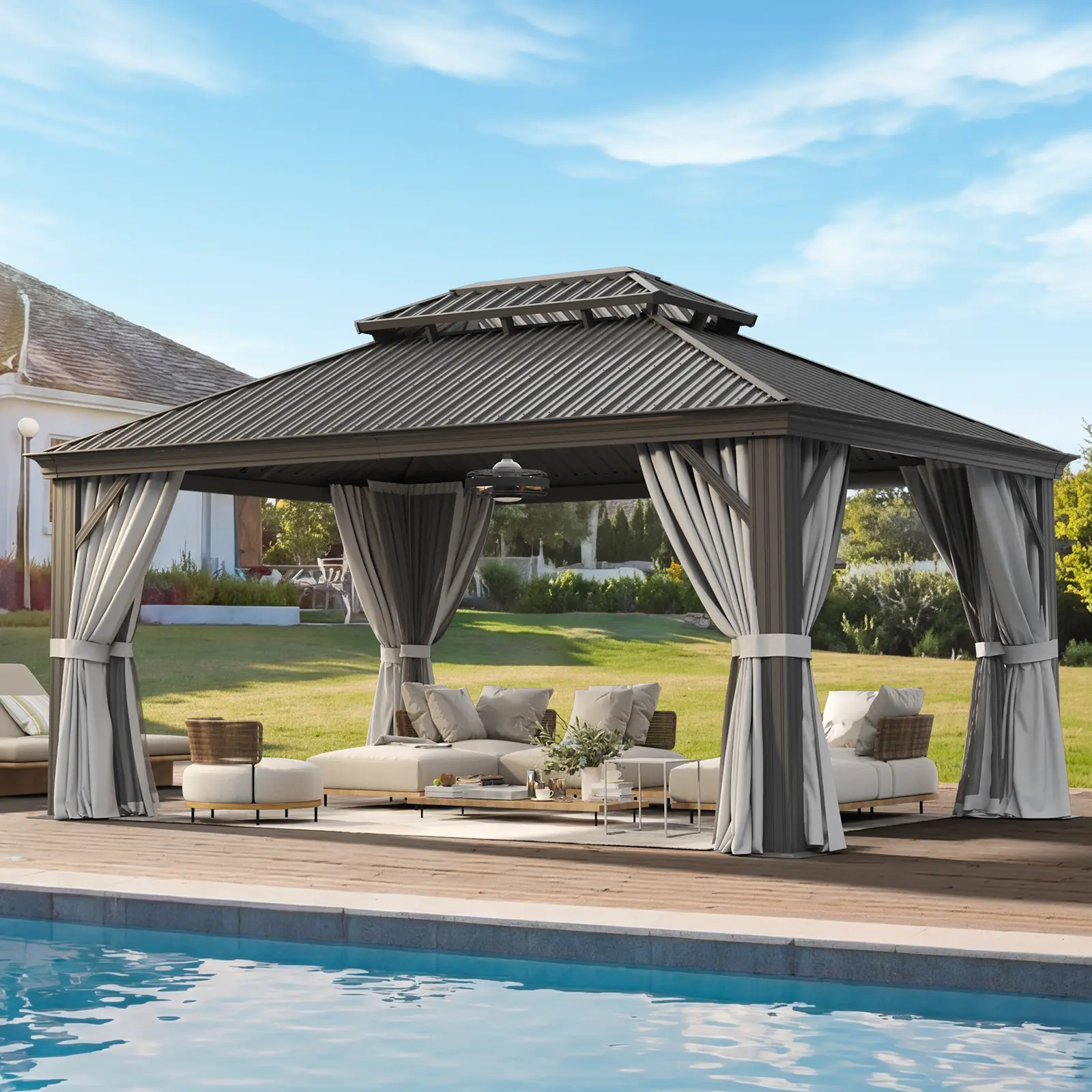Aoxun 16'x12' Rectangle Grey Hardtop Gazebo - 44lbs Corrosion-Rustproof Aluminum Frame, Double Galvanized Steel Roof, Polyester Mosquito Net, Integrated Drainage, Environmentally Friendly Weather Resistant Permanent Outdoor Shelter for Patio, Deck, Weathe