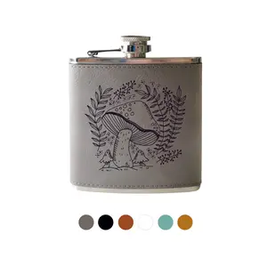Mushroom Flask- drinking gift. Nature, hiking, camping gift. Cute portable flask for women or men. Engraved Leather hip flask stainless steel construction Drinkware Cover Wood