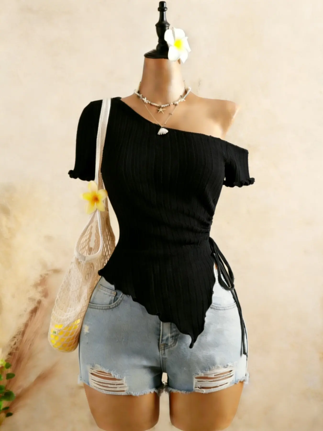 Summer Essential: Sexy Feminine Asymmetric Off-Shoulder Side Tie Top, Fashionable Ruffle Hem Short Sleeve, Women's Casual Wear Fit, Solid, Asymmetrical