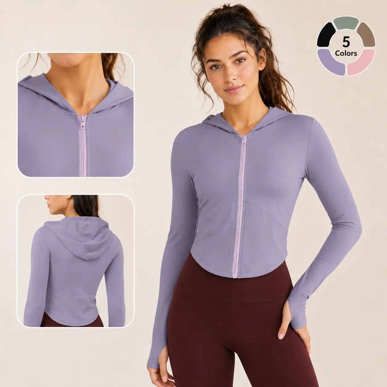 Women Cropped Hooded Workout Jacket Full Zip Long Sleeve Thumb Hole Soft High Stretch Athletic Yoga Top