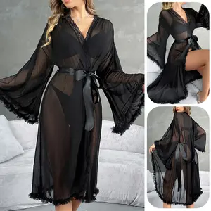 Sheer Mesh Lace Trim Long Robe Set Women Flare Sleeve See Through Nightgown Satin Belt Kimono Bathrobe Sexy Lingerie Cover Up Sleepwear for Honeymoon Wedding Night Lounge Home
